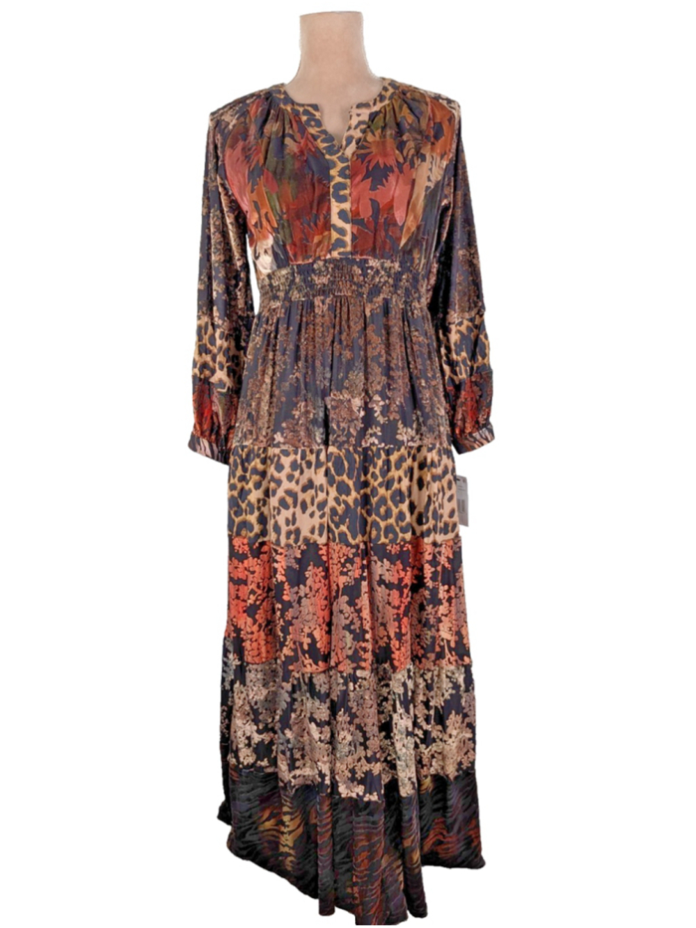 NWT Calessa Maxi Dress Velvet Patchwork Floral Animal Print Sz S Boho Lagenlook